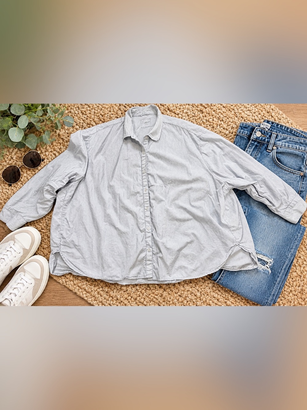 Blue & White Striped Oversized Button Down Shirt XXL